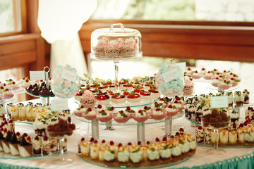 Pink, yellow and chocolate cakes stand on the mirror plates