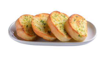 garlic bread in white plate on white background