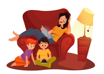 girl is watching online movie. cartoon illustration on white background Young mother working at home