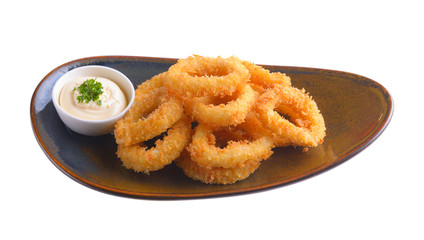 fried squid in ceramic plate isolated on white background