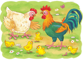 At the farm. Cute hen, rooster and their chicks. Illustration for children. Coloring book. Coloring pages. Funny cartoon characters.