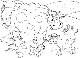 At the farm. Cute mother cow, her calf and a puppy. Illustration for children. Coloring book. Coloring page. Funny cartoon characters.