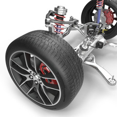Front suspension with wheel of drive car. New tire. On white. 3D illustration
