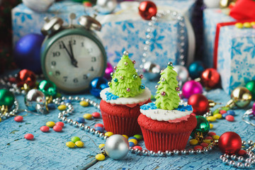 Christmas cupcakes with colored decorations