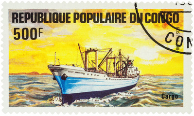 Cargo ship on postage stamp