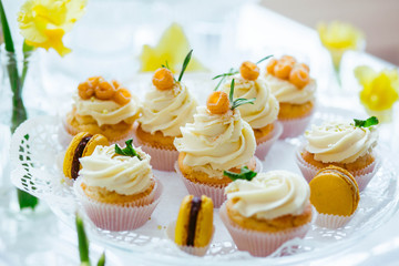 very nice sweet table with yellow macaroons and white cupcakes