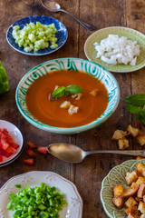 Spanish gazpacho with ingredients on plates