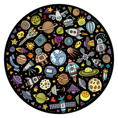 Set of Spacel cartoon doodle objects