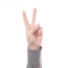 Hand count sign two finger isolated on white background
