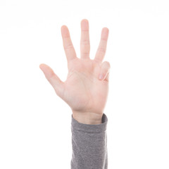Hand count sign four finger isolated on white background