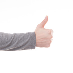 Man hand thumbs up sign isolated on white background