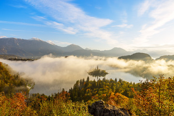 Sunrise at lake Bled from Ojstrica viewpoint