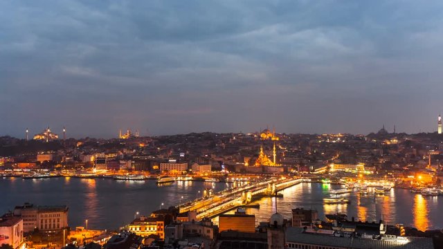 The historic center of Istanbul at sunset. Golden Horn, Turkey