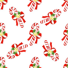 seamless holiday pattern with Christmas striped candy canes,bows,golden stars,holly leaves painted in watercolor on white isolated background.