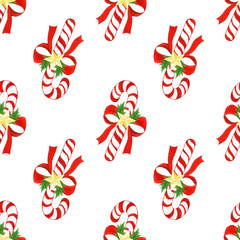 watercolor hand drawn christmas cute pattern. seamless background with candy canes,bows,golden stars and holly leaves. holiday wrapping paper.