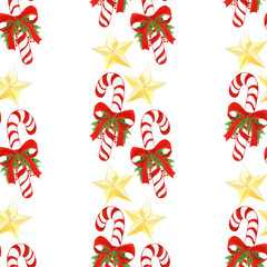 hand drawn holiday pattern with Christmas candy canes,golden stars,bows,holly leaves and berries. seamless background in watercolor.