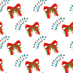 watercolor pattern with red bows,holly leaves and berries. seamless holiday background.