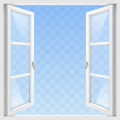 White Classic wooden open window with transparent glass. Vector graphics