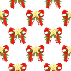 watercolor Christmas pattern with red bows,golden stars,holly leaves and berries. seamless holiday background.