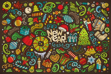 Naklejka premium Doodle cartoon set of New Year and Christmas objects