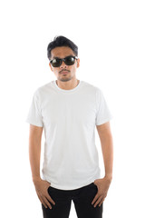 white t-shirt on a young hipster man isolated white background.