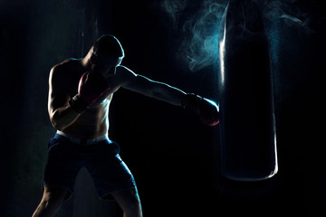 Male boxer boxing in punching bag