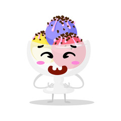Funny cartoon cute ice cream. Kawaii funny muzzle. Vector illustration. Happy face. Collection emotions, doodle icons. Beautiful sweet ice cream. Flat ice cream design. Vector clip art.