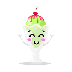 Funny cartoon cute ice cream. Kawaii funny muzzle. Vector illustration. Happy face. Collection emotions, doodle icons. Beautiful sweet ice cream. Flat ice cream design. Vector clip art.