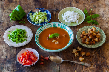 Spanish gazpacho with ingredients on plates