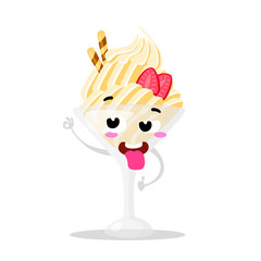 Funny cartoon cute ice cream. Kawaii funny muzzle. Vector illustration. Happy face. Collection emotions, doodle icons. Beautiful sweet ice cream. Flat ice cream design. Vector clip art.