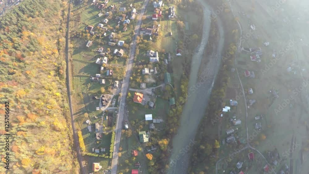 Sticker aerial view of  the Ukrainian town Yaremche located at near the Carpathian Mountains, raw