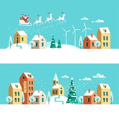 Winter town snowy street. Urban landscape. Christmas card Happy Holidays banner. Vector illustration flat design.