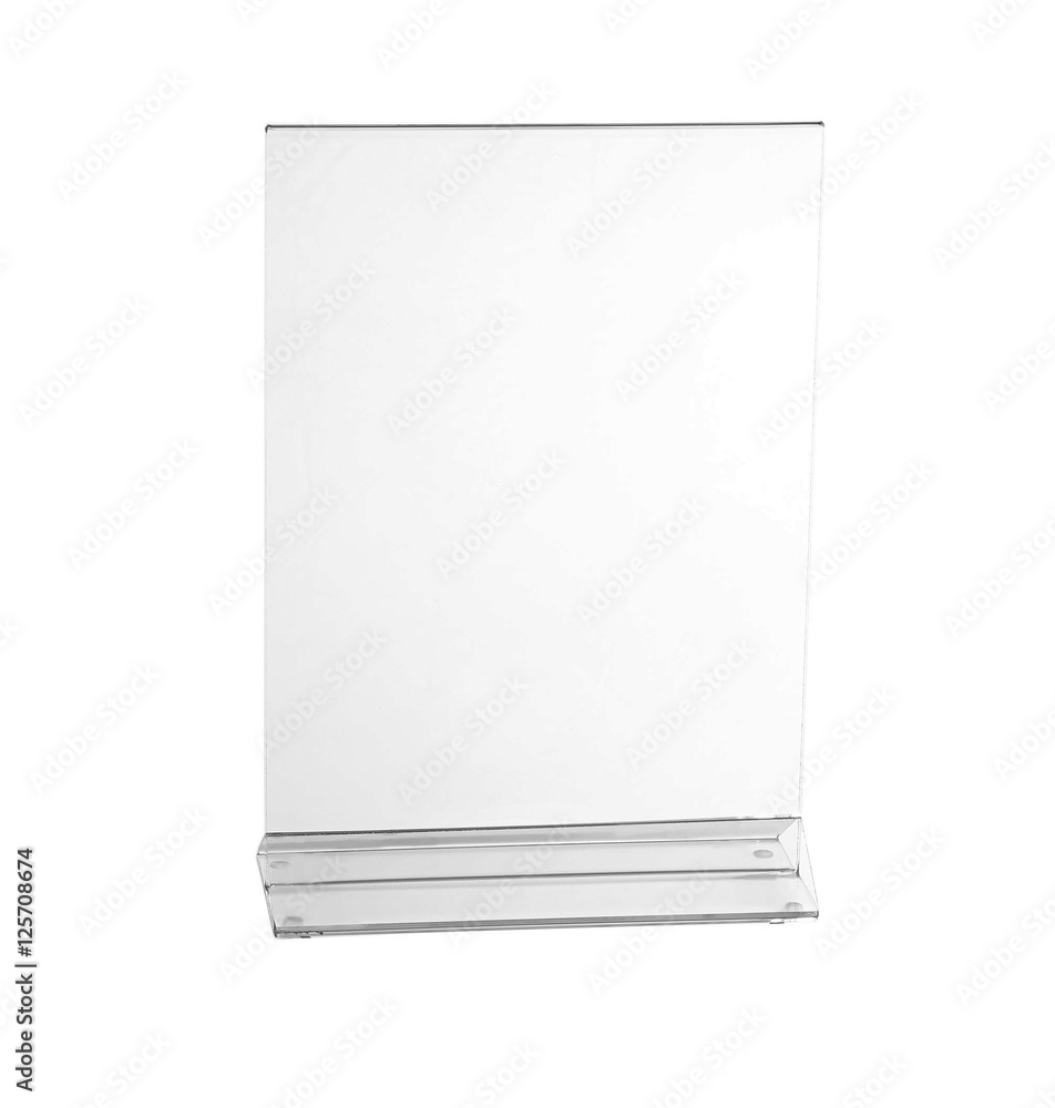 Wall mural transparent acrylic table stand display for menu isolated, white background