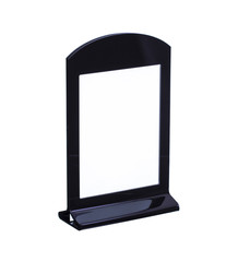 Transparent acrylic table stand display for menu isolated, white background