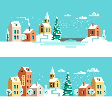 Winter urban landscape. Christmas winter city street with small houses and trees. Flat style vector illustration.