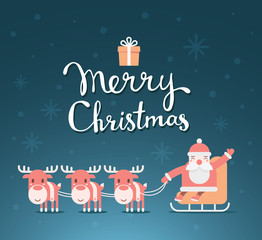 Vector christmas illustration of santa claus on sleigh and reind