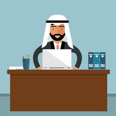 Arabic Businessman Sitting Office Desk Working Laptop Computer Flat Vector Illustration