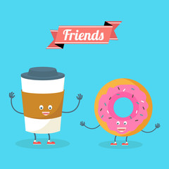 Vector illustration of comic characters coffee and donut friends forever