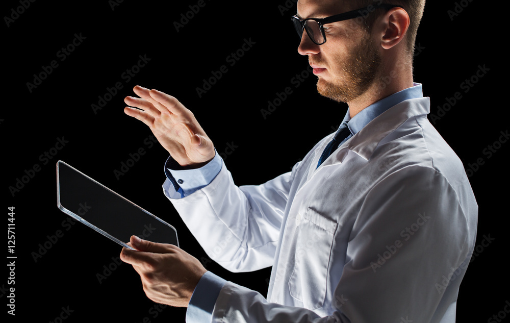 Wall mural close up of doctor or scientist with tablet pc