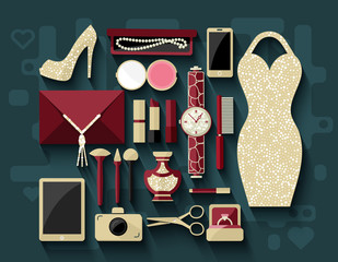 Evening woman's accessories and cosmetics. Flat design.