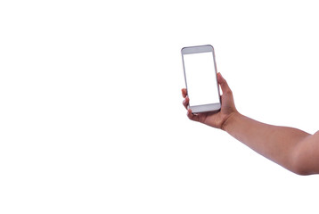 hand holding phone isolated on white clipping path inside