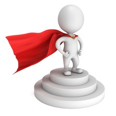 Brave superhero with red cloak stand on round stage podium