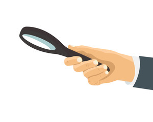 Human hand holding magnifying glass isolated. Analysis and zoom, scrutiny, audit, inspection concepts. Flat design graphic elements. Vector illustration.