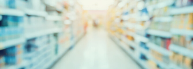 Empty Supermarket Aisle and Shelves in blur background