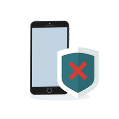 Phone and shield with a confirmed status of protection. Negative status on flat security shield. Vector illustration against the background of the earth.