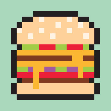Pixel art, minimalistic burger, flat fast food, vector design object, web icon