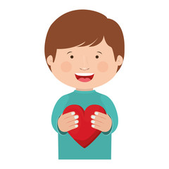 boy smiling holding a red heart over white background. vector illustration