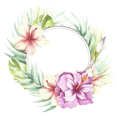 Frame with tropical flowers and leaves. Hand draw watercolor illustration