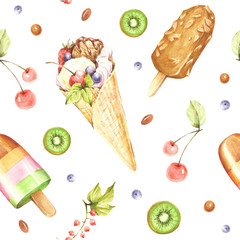 Seamless pattern with ice cream. Hand draw watercolor illustration