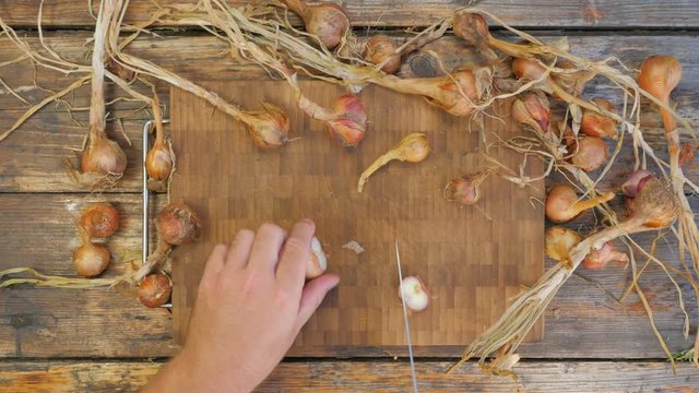 Slicing Onions on a rustic table - flat lay, 4K